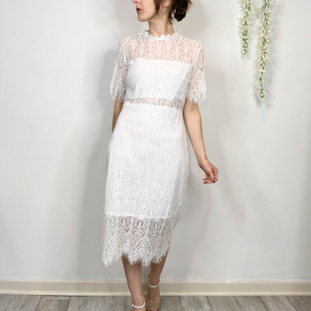 NWT MIAMI white lace midi dress scalloped trim illusion neckline 2192